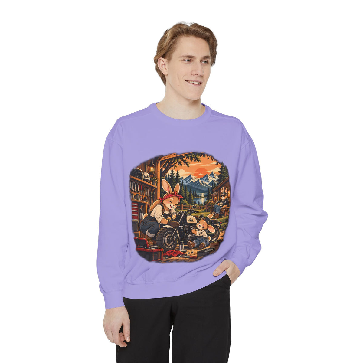Vintage Bunny Mechanics Sweatshirt — Retro Woodland Motorcycle Crewneck