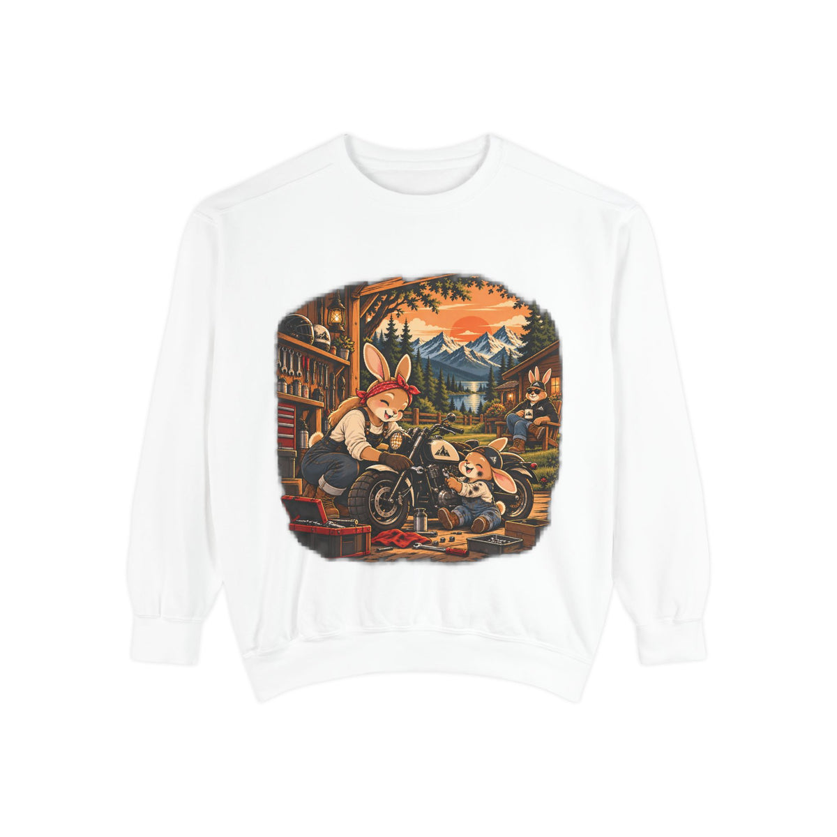 Vintage Bunny Mechanics Sweatshirt — Retro Woodland Motorcycle Crewneck